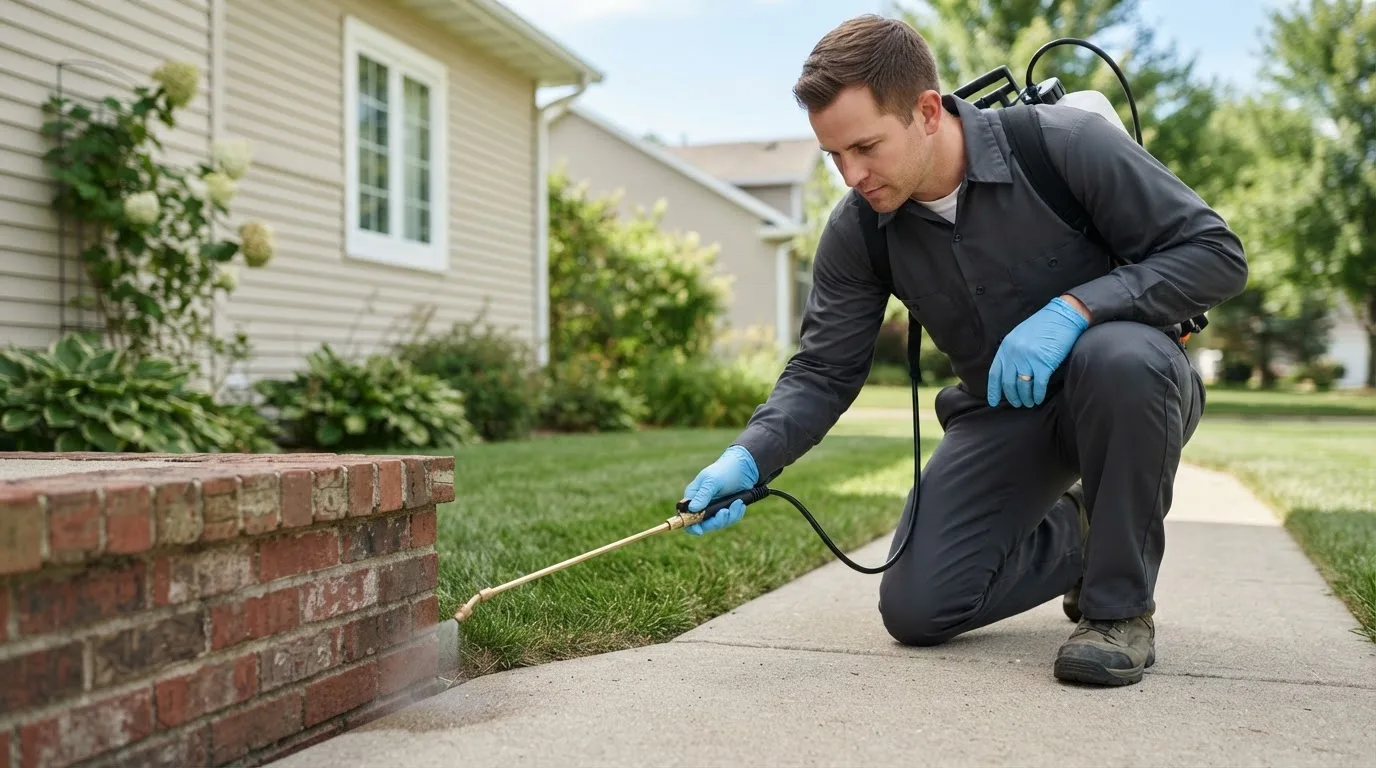Pest control technician treating a home near Thetford Center, VT