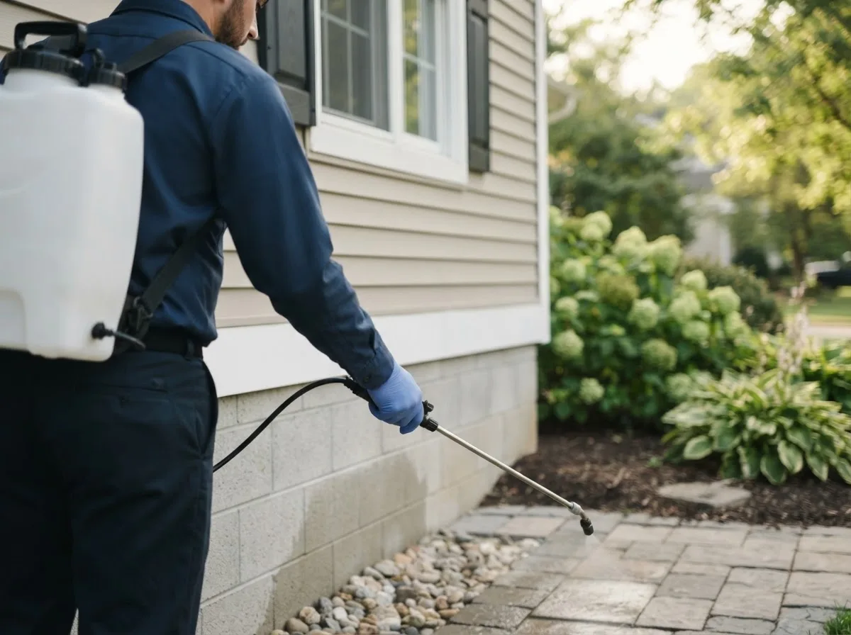 Pest control technician inspecting a home in Thetford Center, VT